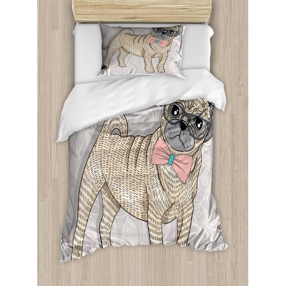 Ambesonne Pug Duvet Cover Sets, Hipster Dog Nerdy Glasses, 2-Twin, Pale Yellow Pale Pink