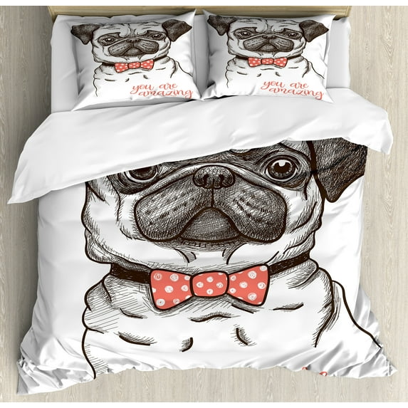 Ambesonne Pug Duvet Cover Sets, Portrait of a Dog Cartoon, 2-Queen, Black Red