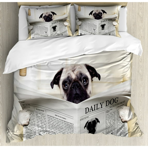 Ambesonne Pug Duvet Cover Sets, Puppy Reading Newspaper, 2-King, Cream Black White