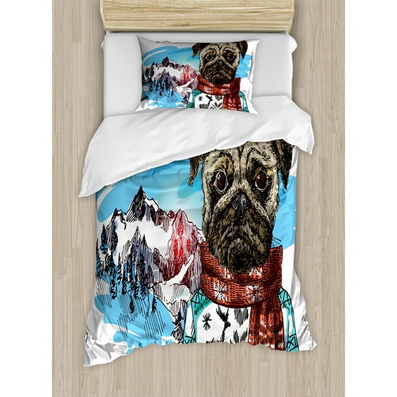 Ambesonne Pug Duvet Cover Sets, Sketch Style Dog Doodle, 2-Twin, Ruby Blue