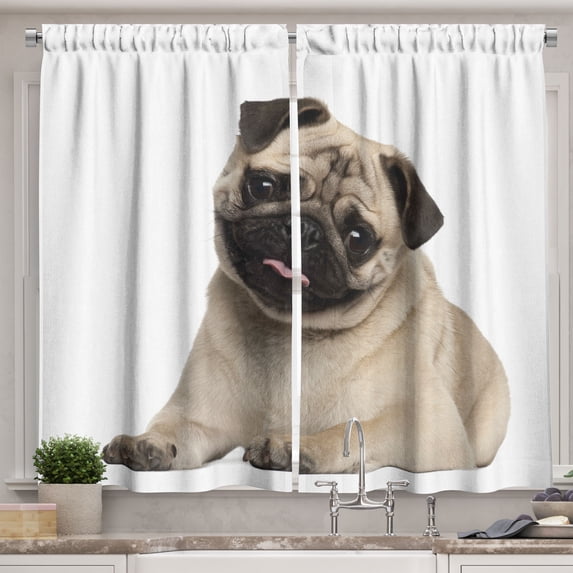 Ambesonne Pug Kitchen Curtains, Young Puppy Lying on Floor, 55"x45", Pale Brown Black
