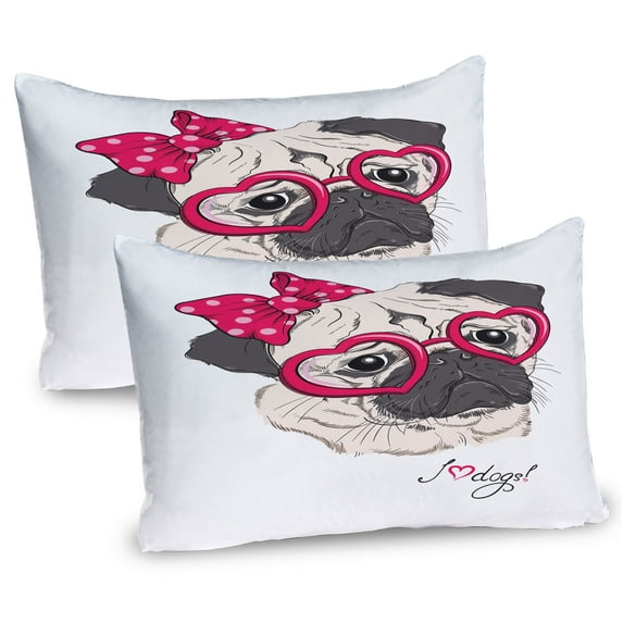 Ambesonne Pug Pillow Sham 2 Pack, Cartoon Fashion Hipster Dog, 36"x20", Grey Cream and Magenta