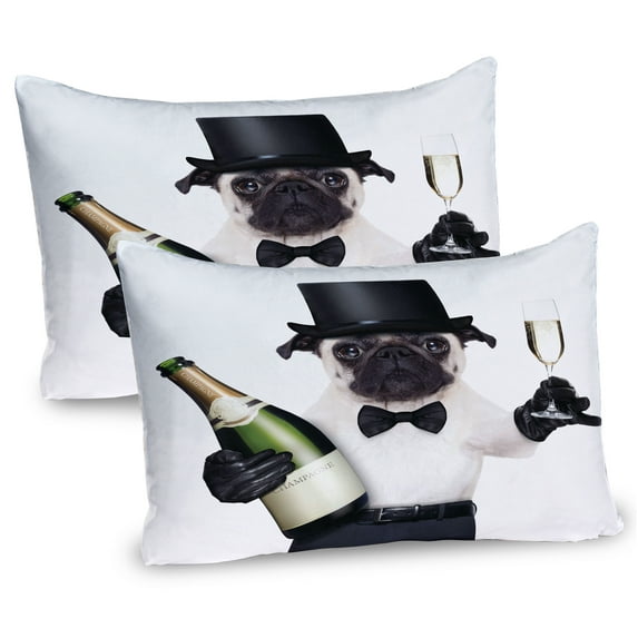 Ambesonne Pug Pillow Sham 2 Pack, Celebration Dog Toasting, 30"x20", Black White Emerald