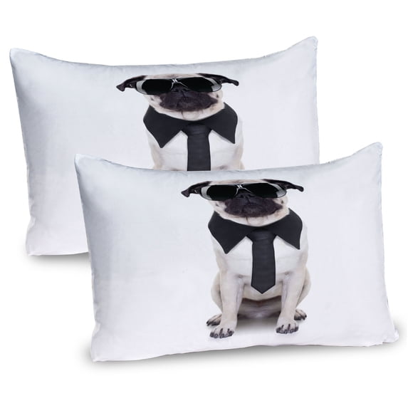 Ambesonne Pug Pillow Sham 2 Pack, Cool Dog with Tie Glasses, 26"x20", Black Cream