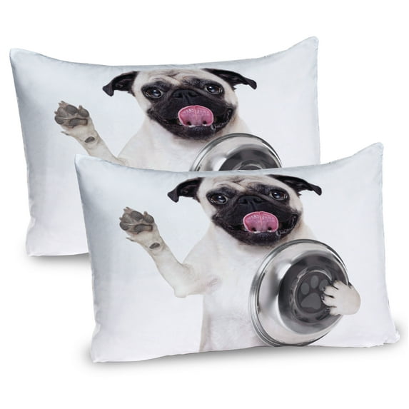 Ambesonne Pug Pillow Sham 2 Pack, Dog Holding Food Bowl, 26"x20", Cream Grey Black