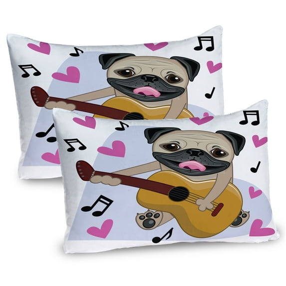 Ambesonne Pug Pillow Sham 2 Pack, Dog Playing Guitar Singing, 26"x20", Pale Brown Pink Black