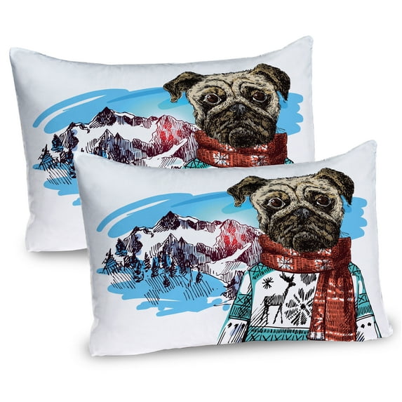 Ambesonne Pug Pillow Sham 2 Pack, Sketch Style Dog Doodle, 26"x20", Ruby Blue