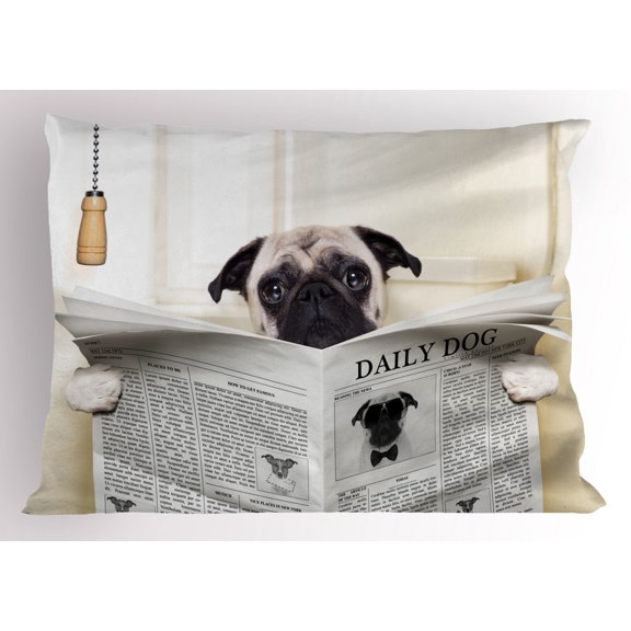 Ambesonne Pug Pillow Sham, Puppy Reading Newspaper, 26" X 20", Cream Black White