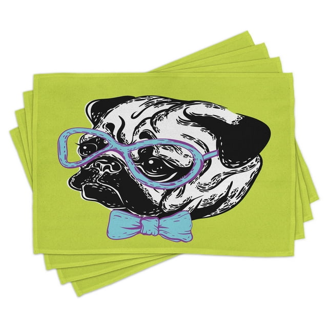 Ambesonne Pug Place Mats Set of 4, Pug with a Bow Tie, Standard Size, Apple Green Pale Blue