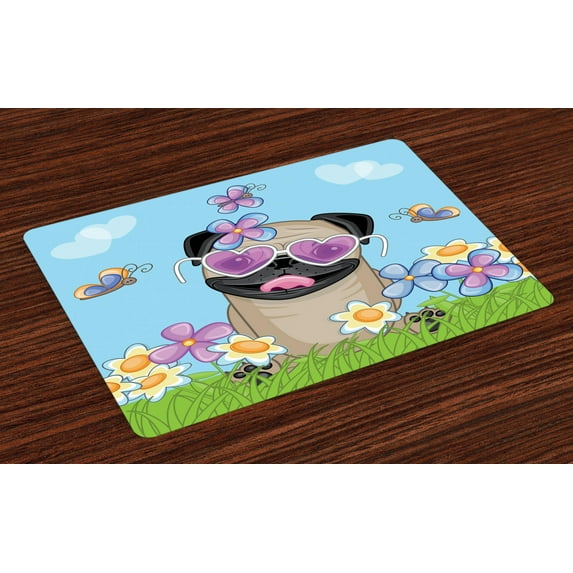Ambesonne Pug Place Mats Set of 4, Puppy on the Field Flowers, Standard Size, Sky Blue Multicolor