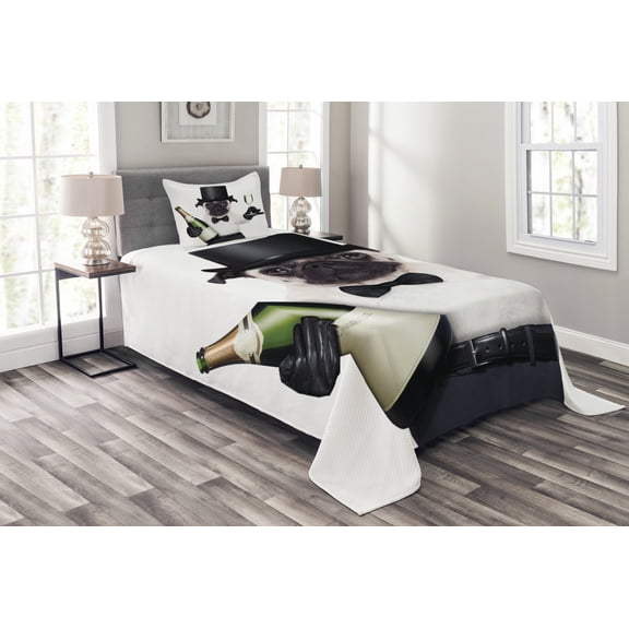 Ambesonne Pug Quilted Bedspread Set 2 Pcs, Celebration Dog Toasting, Twin Size, Black White Emerald