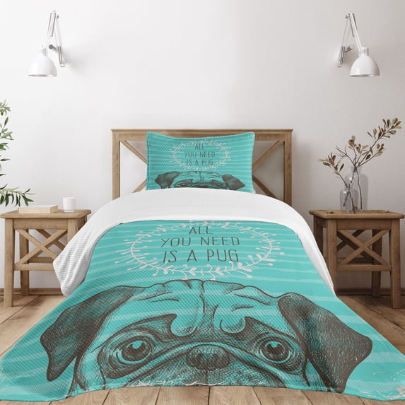 Ambesonne Pug Quilted Bedspread Set 2 Pcs, Fun Animal Dog Words, Twin Size, Sea Green Brown