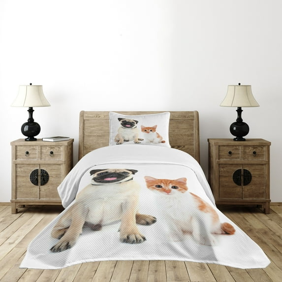 Ambesonne Pug Quilted Bedspread Set 2 Pcs, Kitten and Puppy Photo, Twin Size, Orange White Cream