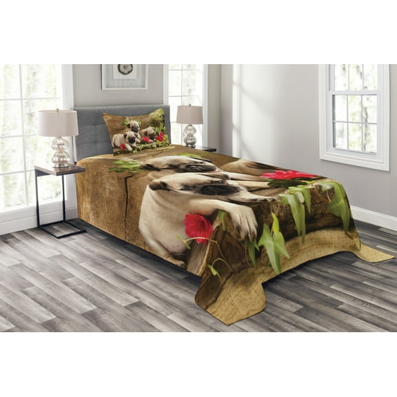 Ambesonne Pug Quilted Bedspread Set 2 Pcs, Sibling Puppies Flowers, Twin Size, Fern Green Eggshell