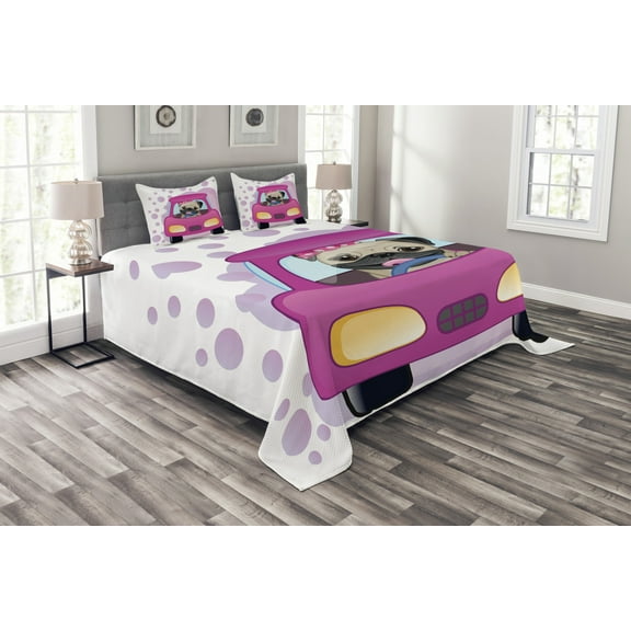 Ambesonne Pug Quilted Bedspread Set 3 Pcs, Dog Driving on Car, King Size, Pink Yellow