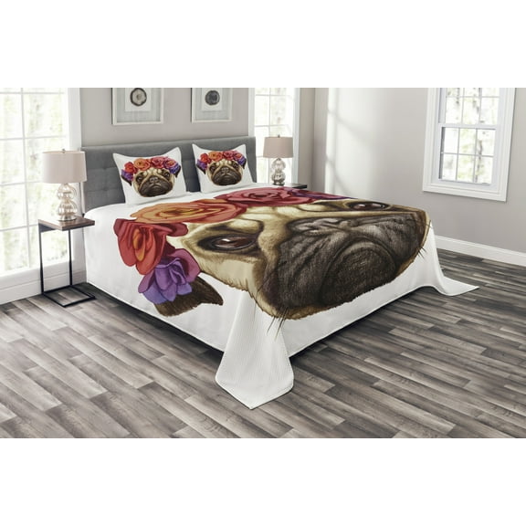 Ambesonne Pug Quilted Bedspread Set 3 Pcs, Floral Head Wreath Fun, Queen Size, Pale Brown Purple Red