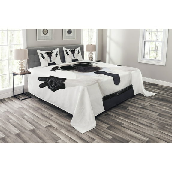 Ambesonne Pug Quilted Bedspread Set 3 Pcs, Looking Dog Glasses, King Size, Black White