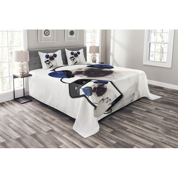 Ambesonne Pug Quilted Bedspread Set 3 Pcs, Music Listening Dog Phone, Queen Size, Navy Blue Black