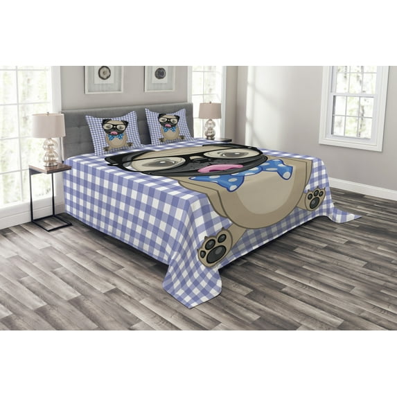 Ambesonne Pug Quilted Bedspread Set 3 Pcs, Nerdy Glasses Bow Tie Dog, Queen Size, Sand Brown Black Blue