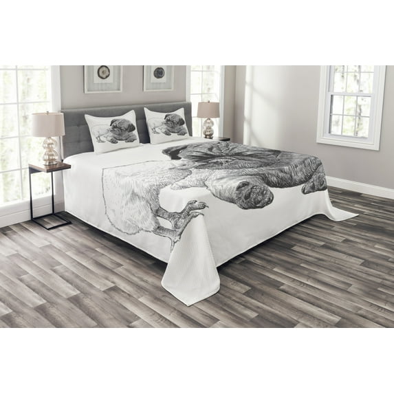 Ambesonne Pug Quilted Bedspread Set 3 Pcs, Pug Little Chick Hand Drawn, Queen Size, Charcoal Grey White