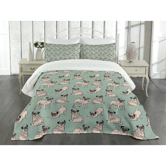 Ambesonne Pug Quilted Bedspread Set 3 Pcs, Sitting Stretching Dog, King Size, Turquoise