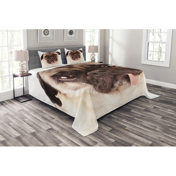 Ambesonne Pug Quilted Bedspread Set 3 Pcs, Upset Dog Sad Eyed Pet, Queen Size, Brown