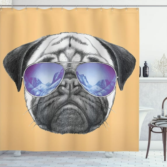 Ambesonne Pug Shower Curtain, Dog Portrait Sunglasses Funny, 69"Wx70"L, Almond Lilac