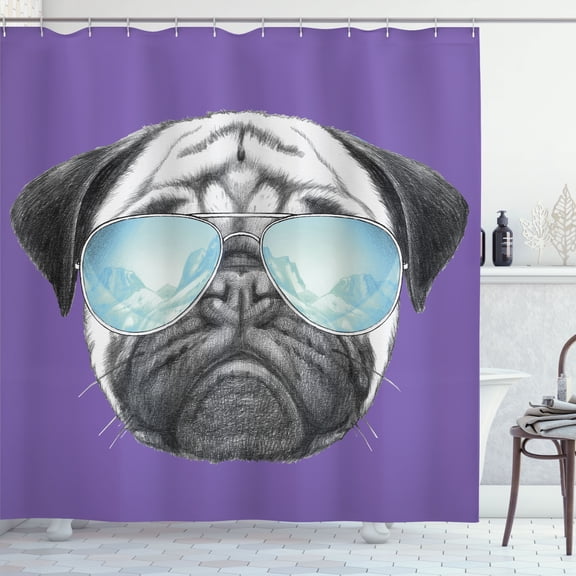 Ambesonne Pug Shower Curtain, Dog Portrait Sunglasses Funny, 69"Wx70"L, Blue Violet