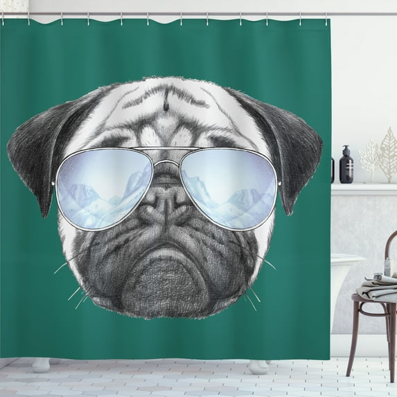 Ambesonne Pug Shower Curtain, Dog Portrait Sunglasses Funny, 69"Wx75"L, Teal Grey