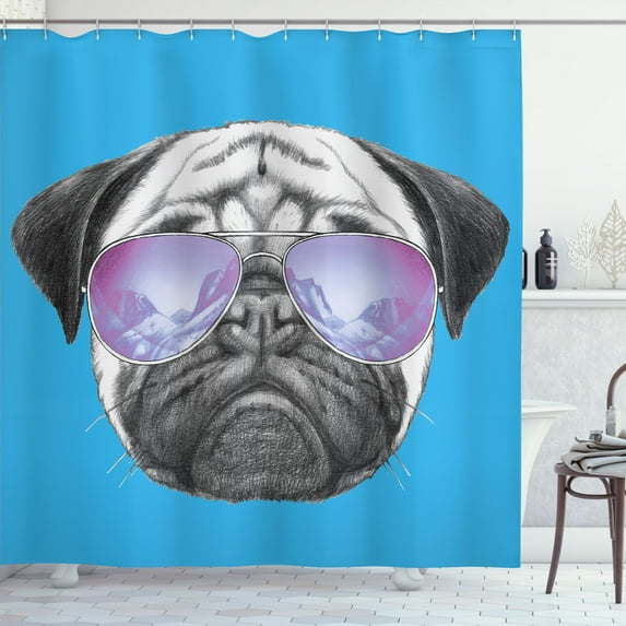 Ambesonne Pug Shower Curtain, Dog Portrait Sunglasses Print, 69"Wx75"L, Sky Blue