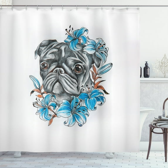 Ambesonne Pug Shower Curtain, Fun Dog with Flowers, 69"Wx75"L, Teal Grey