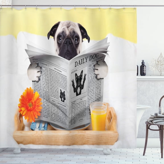Ambesonne Pug Shower Curtain, Pug Reading News Daily Dog, 69"Wx75"L, Pale Brown Yellow Orange