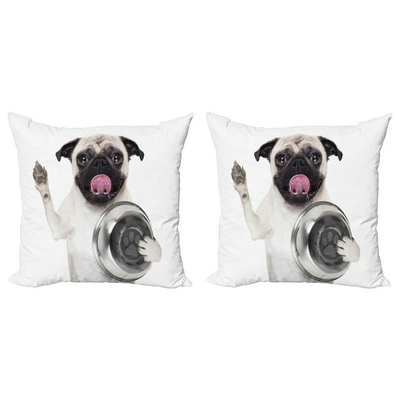 Ambesonne Pug Throw Pillow Cover 2 Pack, Dog Holding Food Bowl, 16", Cream Grey Black