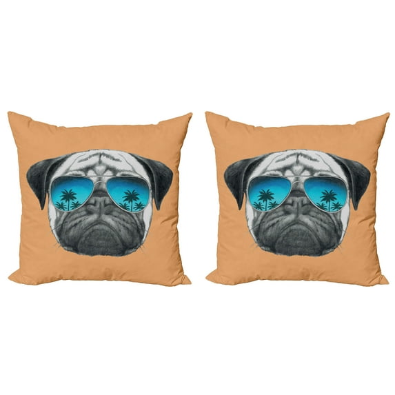 Ambesonne Pug Throw Pillow Cover 2 Pack, Dog and Sunglasses, 16", Black Orange Blue