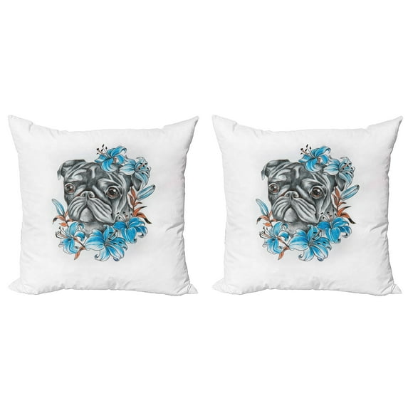 Ambesonne Pug Throw Pillow Cover 2 Pack, Fun Dog with Flowers, 20", Teal Grey