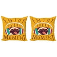 thumbnail image 1 of Ambesonne Pug Throw Pillow Cover 2 Pack, Happy Dog Listening Music, 16", Marigold Multicolor, 1 of 5