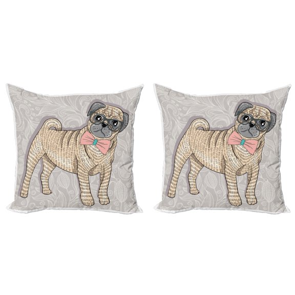 Ambesonne Pug Throw Pillow Cover 2 Pack, Hipster Dog Nerdy Glasses, 20", Pale Yellow Pale Pink