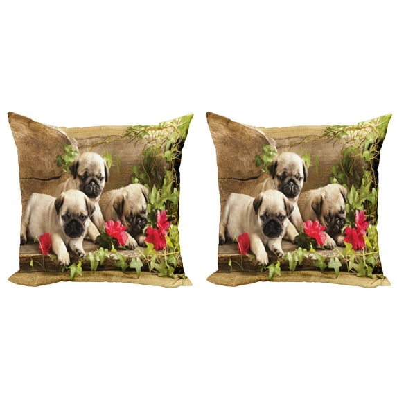 Ambesonne Pug Throw Pillow Cover 2 Pack, Sibling Puppies Flowers, 16", Fern Green Eggshell