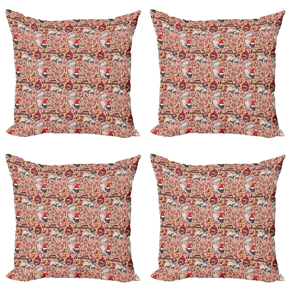 Ambesonne Pug Throw Pillow Cover 4 Pack, Christmas Celebrating Dog, 20", Rose Red Green