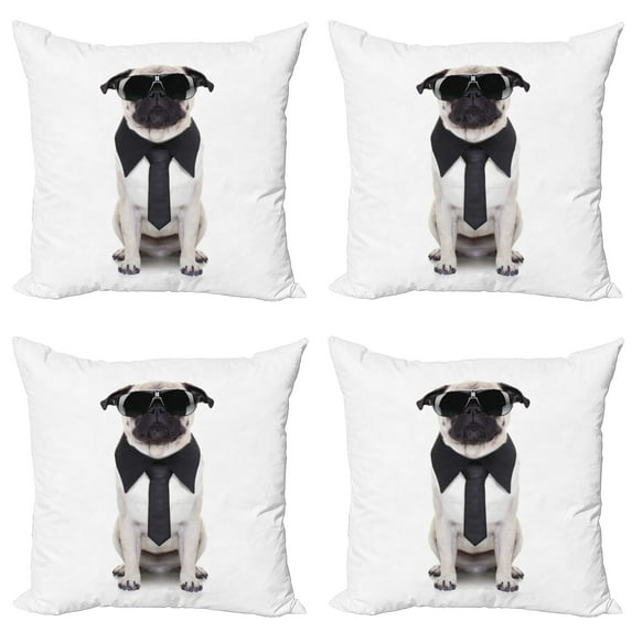 Ambesonne Pug Throw Pillow Cover 4 Pack, Cool Dog with Tie Glasses, 24", Black Cream