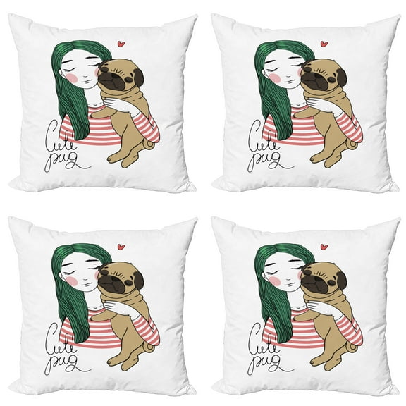 Ambesonne Pug Throw Pillow Cover 4 Pack, Dog with Girl, 18", Forest Green Pale Brown