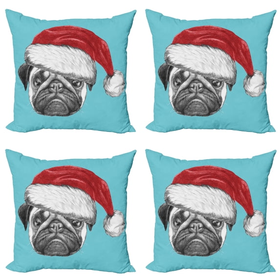 Ambesonne Pug Throw Pillow Cover 4 Pack, Dog with Santa Hat X-Mas, 16", Blue Ruby Grey