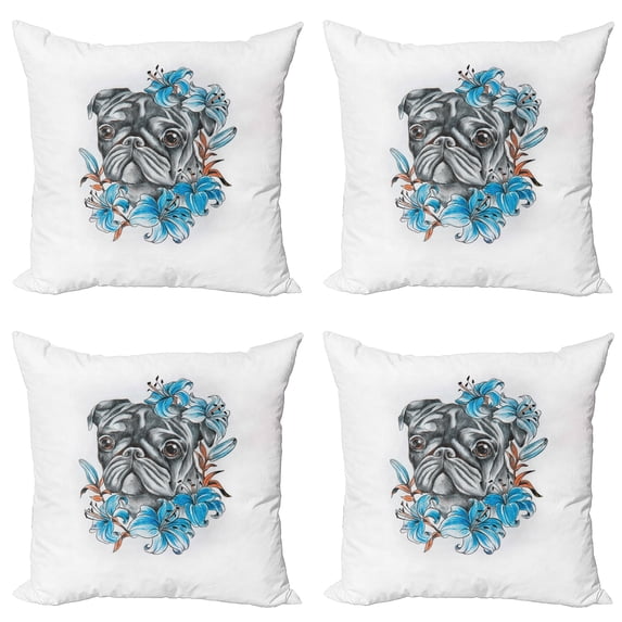 Ambesonne Pug Throw Pillow Cover 4 Pack, Fun Dog with Flowers, 20", Teal Grey