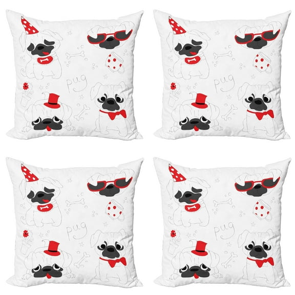 Ambesonne Pug Throw Pillow Cover 4 Pack, Happy Sad Cool Dogs Pug, 18", Black Red White