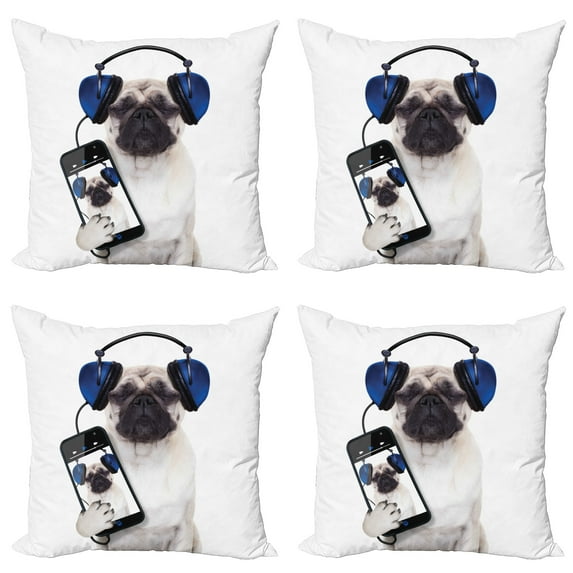 Ambesonne Pug Throw Pillow Cover 4 Pack, Music Listening Dog Phone, 20", Navy Blue Black