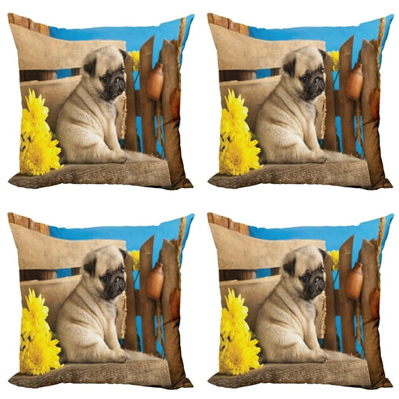 Ambesonne Pug Throw Pillow Cover 4 Pack, Puppy Photography on Bench, 16", Pale Brown Yellow Blue