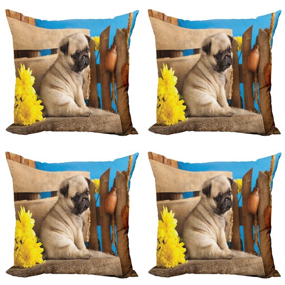 Ambesonne Pug Throw Pillow Cover 4 Pack, Puppy Photography on Bench, 24", Pale Brown Yellow Blue