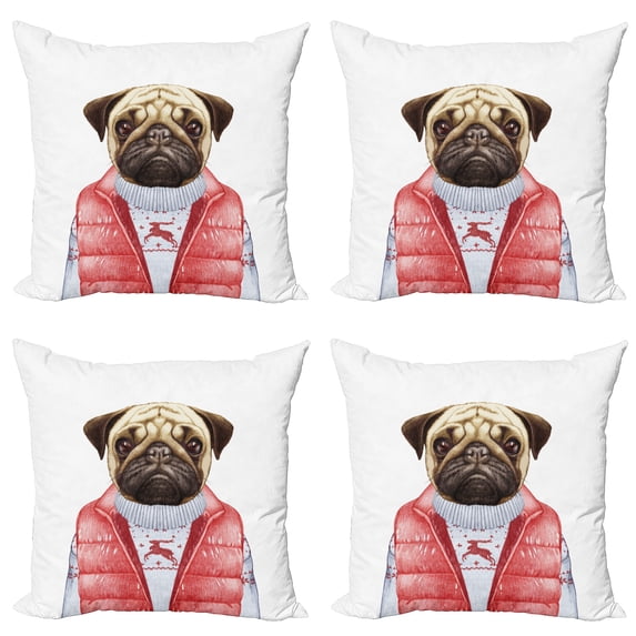 Ambesonne Pug Throw Pillow Cover 4 Pack, Red Vest Christmas Sweater, 16", Pale Brown Red White