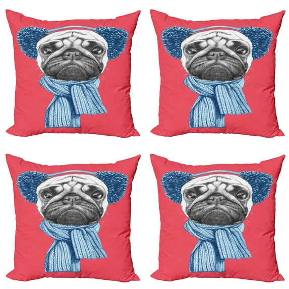 Ambesonne Pug Throw Pillow Cover 4 Pack, Winter Dog with Earmuffs, 18", Dark Coral Turquoise