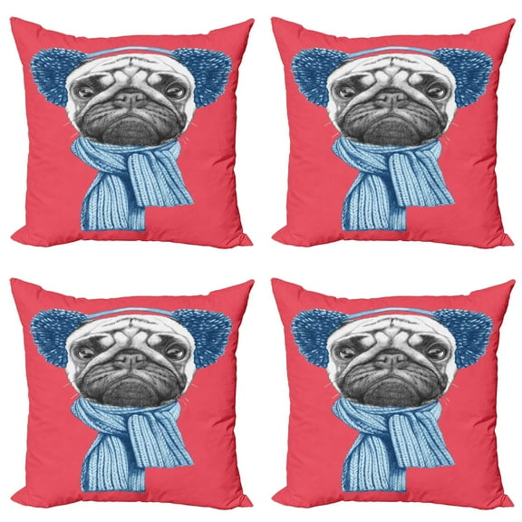 Ambesonne Pug Throw Pillow Cover 4 Pack, Winter Dog with Earmuffs, 24", Dark Coral Turquoise